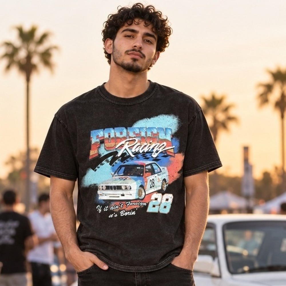 PacSun Mens Foreign Racing Graphic Tee Black Mineral Wash Size L Streetwear